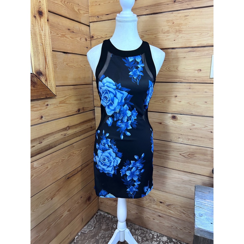 Angel Biba Black Blue Floral Rose Mesh Side Panel Bodycon Mini Dress‎ Size 6
